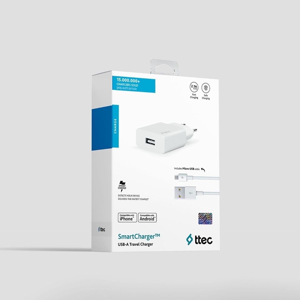 Ttec SmartCharger Seyahat Şarj Aleti 2.1A + Micro USB Kablo Beyaz