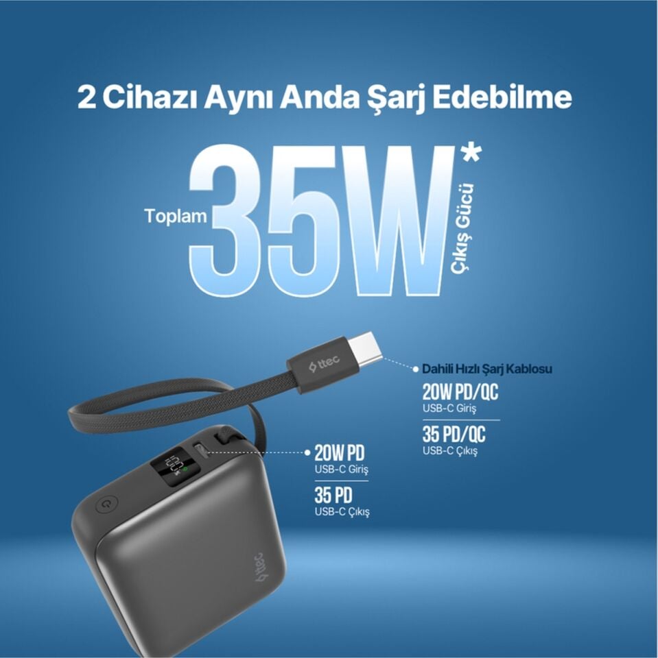 Ttec 2BB232GR Recharger Mini LCD 10.000 mAh PD 35W USB-C Dahili Kablolu Taşınabilir Hızlı Şarj Aleti