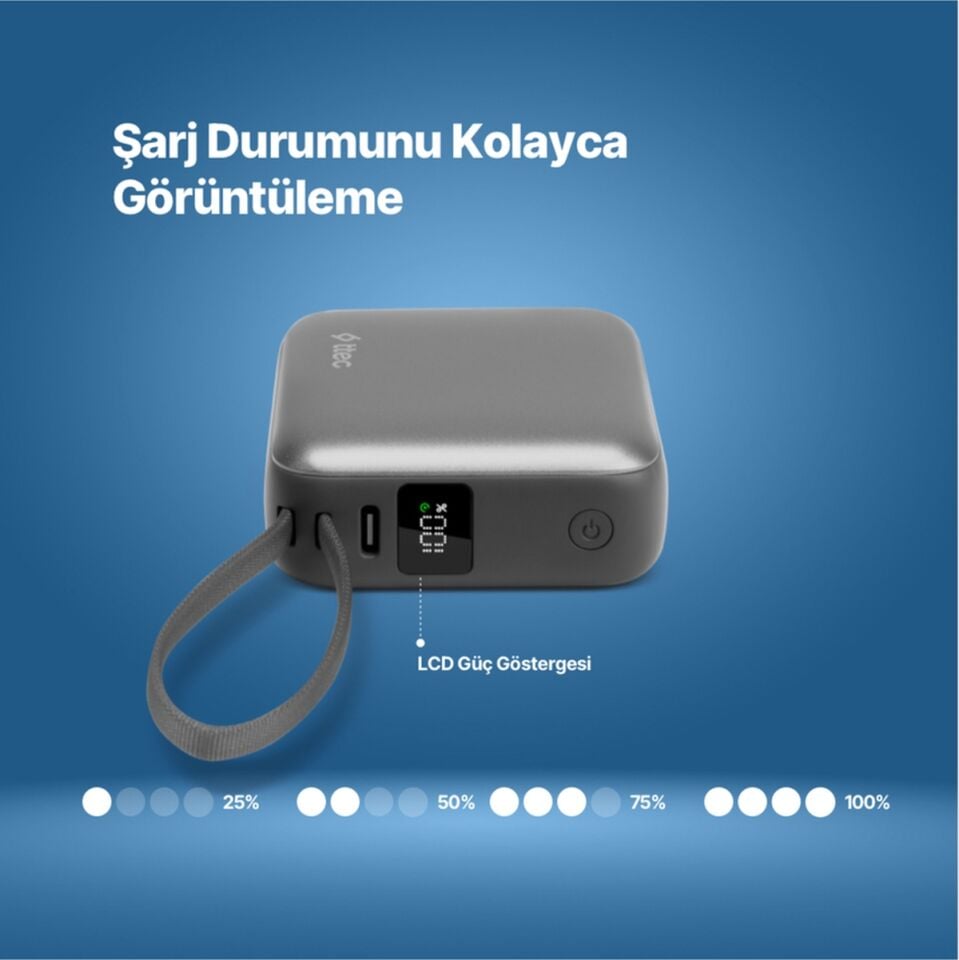 Ttec 2BB232GR Recharger Mini LCD 10.000 mAh PD 35W USB-C Dahili Kablolu Taşınabilir Hızlı Şarj Aleti
