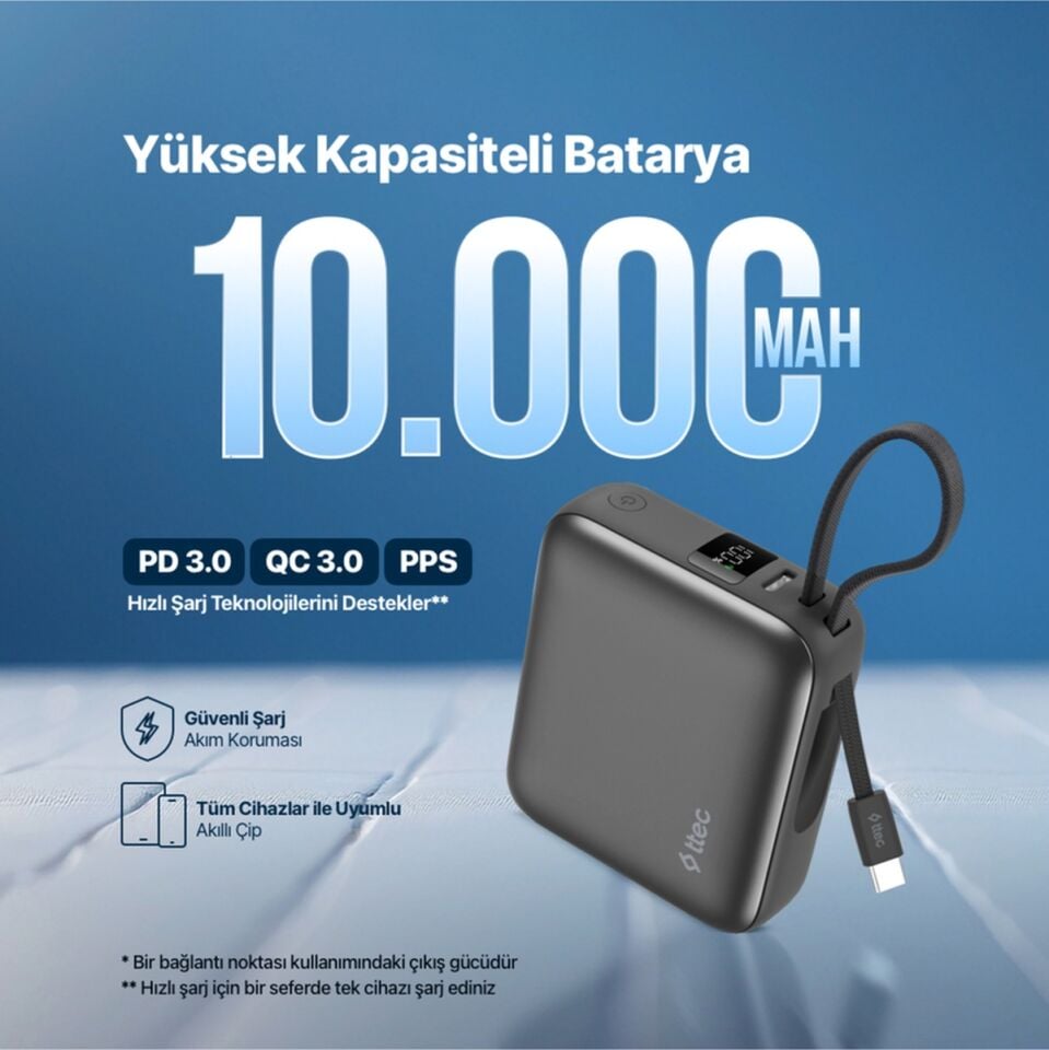 Ttec 2BB232GR Recharger Mini LCD 10.000 mAh PD 35W USB-C Dahili Kablolu Taşınabilir Hızlı Şarj Aleti