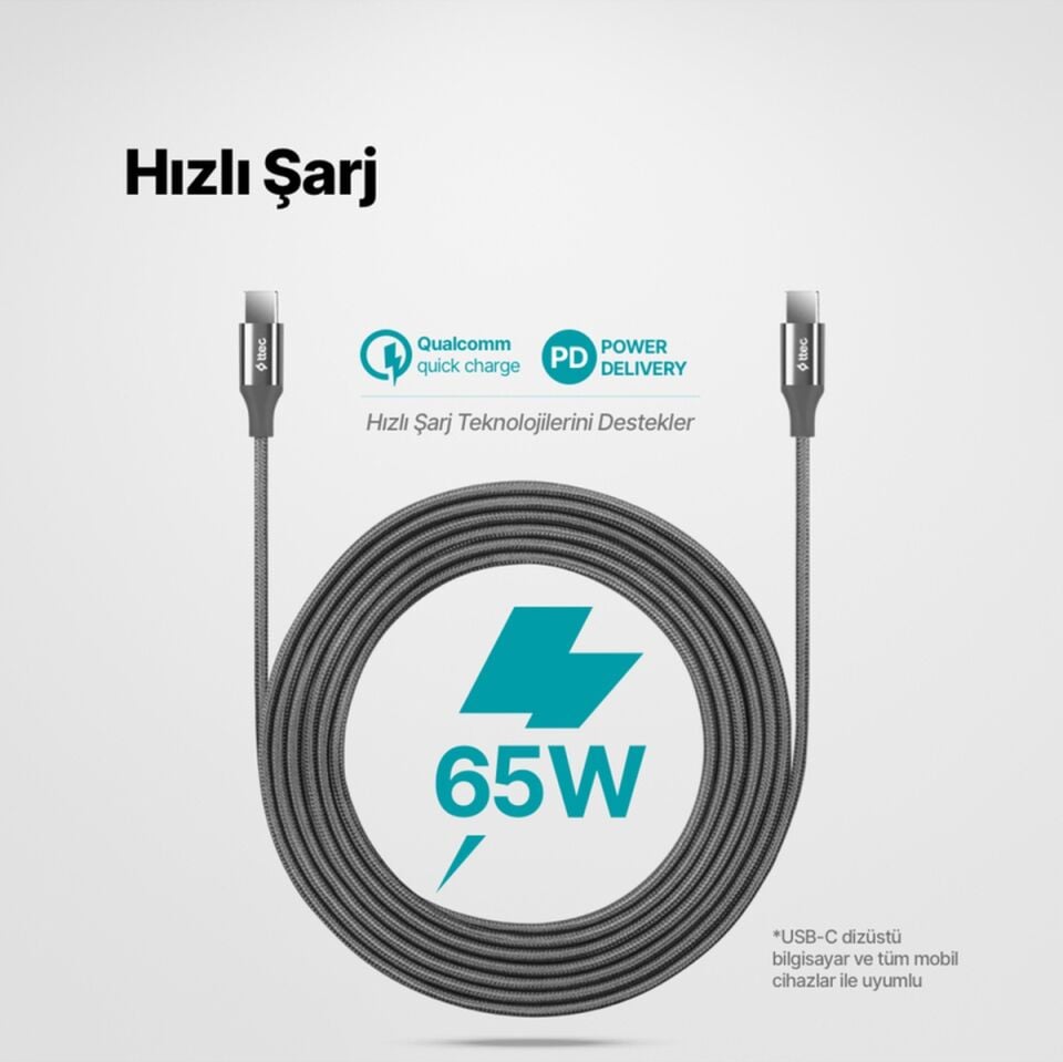Alumicable Usb-c - Usb-c 300cm 65w Pd/qc Hızlı Şarj/data Kablosu Uzay Grisi 2dk52ug