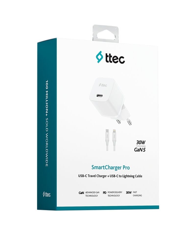 Ttec Smartcharger Gan 30w Pd Seyahat Hızlı Şarj Aleti + Usb-c - Lightning 150 Cm Kablo 2scp03lb