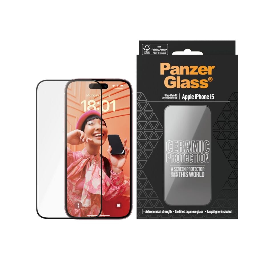 Panzerglass Apple Uyumlu iPhone 15 Ultra-wide Fit Tam Koruma Çerçeve Aparatlı Seramik Ekran Koruyucu