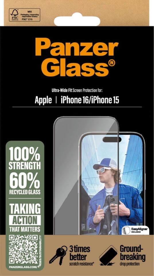 Panzerglass Apple Uyumlu iPhone 16 15 Ultra-wide Fit Çerçeve Aparatlı Tam Koruma Ekran Koruyucu