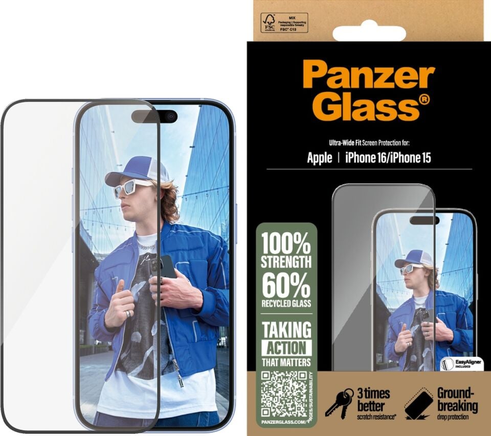 Panzerglass Apple Uyumlu iPhone 16 15 Ultra-wide Fit Çerçeve Aparatlı Tam Koruma Ekran Koruyucu