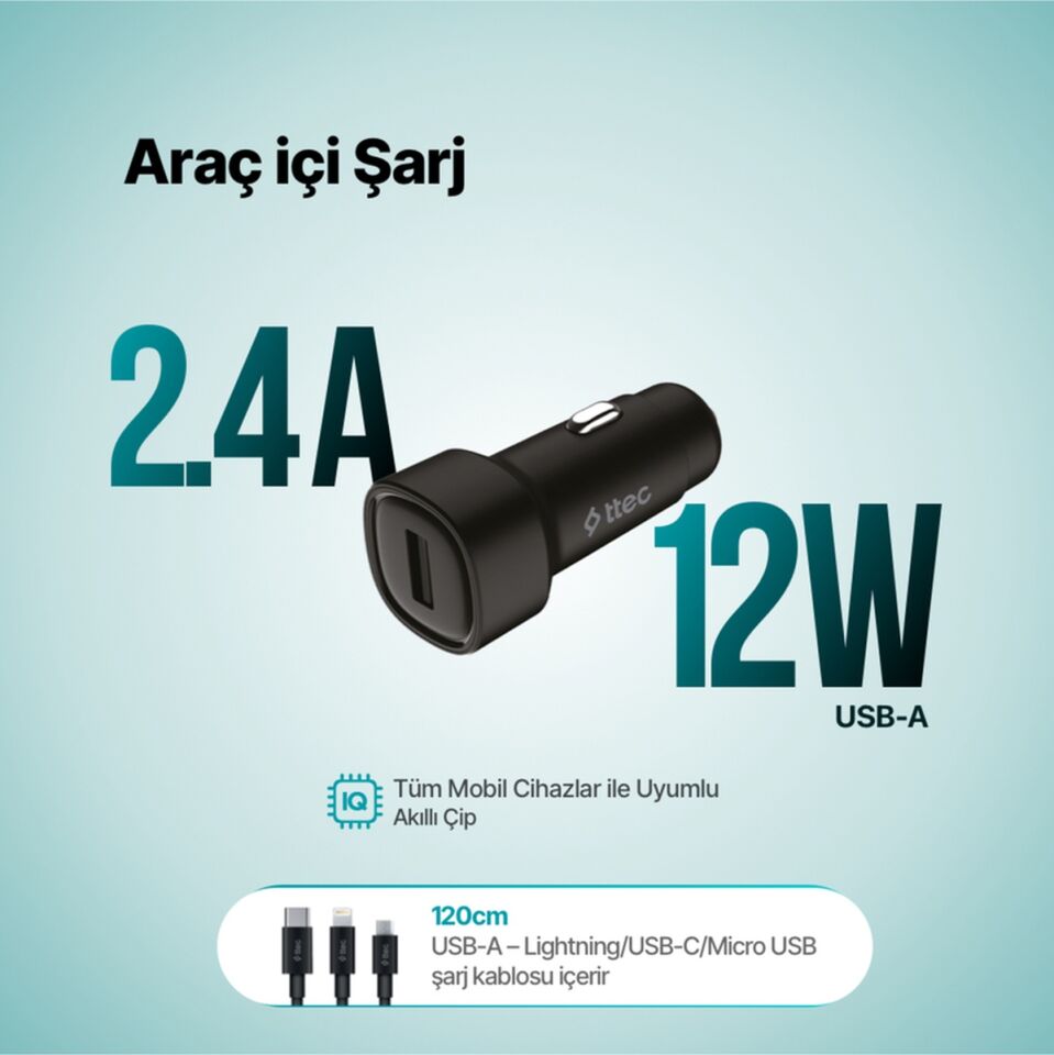Smartcharger 2.4a Araç Şarj Aleti + Trio Kablo