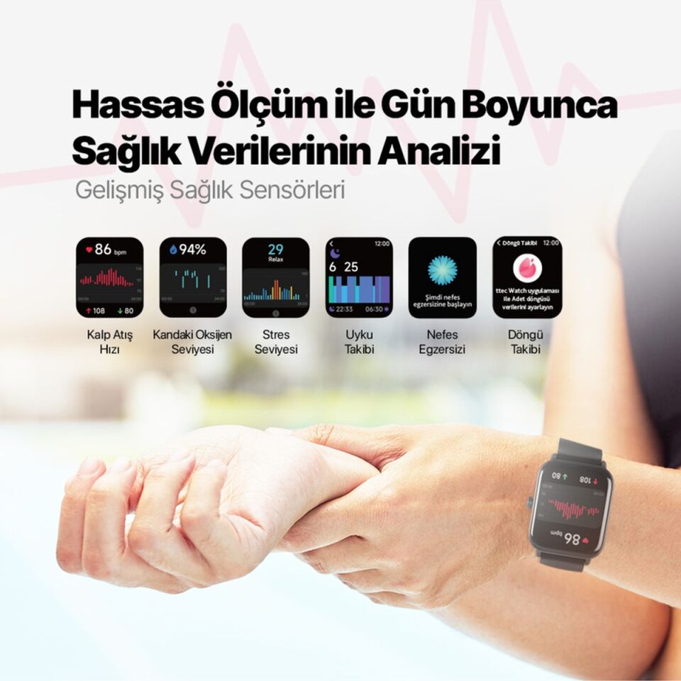 Ttec 2SW01 Tempus 46 MM TFT Ekranlı Dikdörtgen Kasa Akıllı Saat Siyah