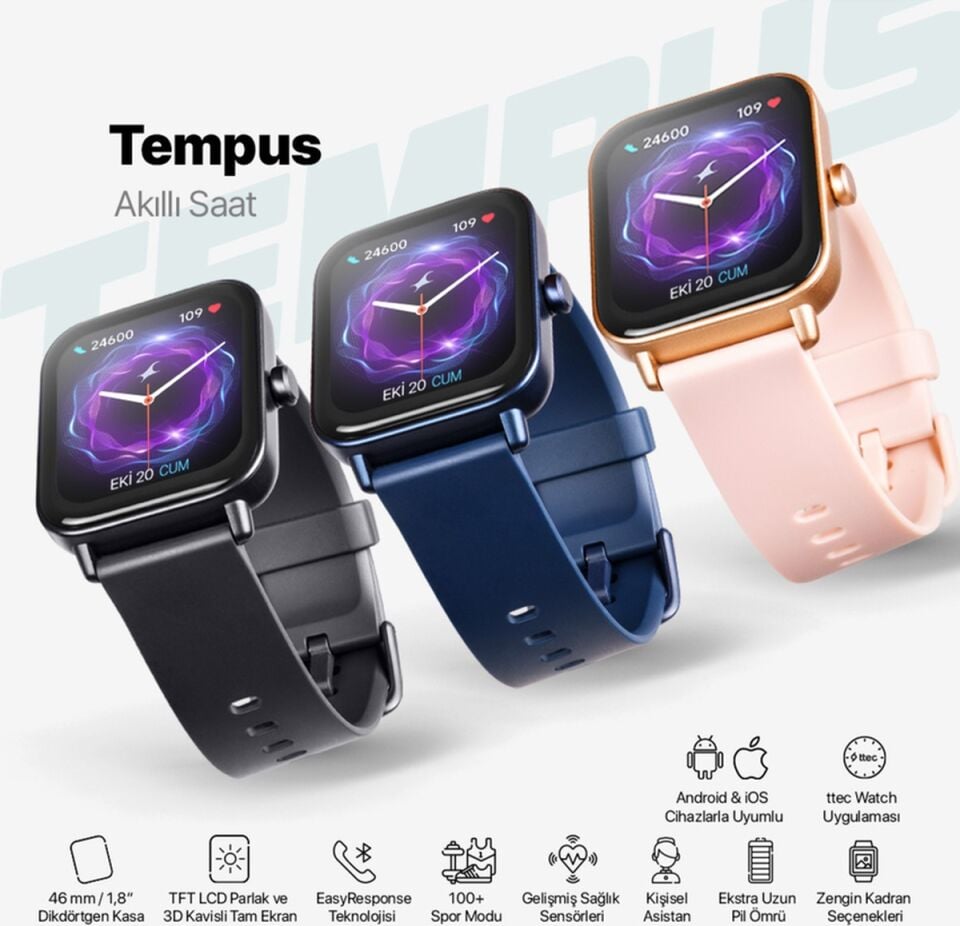Ttec 2SW01 Tempus 46 MM TFT Ekranlı Dikdörtgen Kasa Akıllı Saat Siyah
