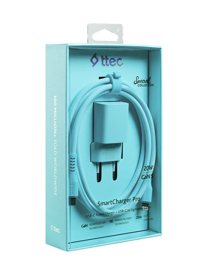 Ttec Smartcharger Gan 20W PD Seyahat Hızlı Şarj Aleti + USB-C - Lightning 120 CM Kablo Neon Mavi