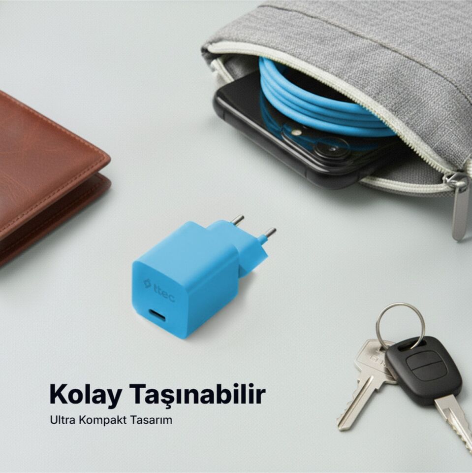 Ttec Smartcharger Gan 20W PD Seyahat Hızlı Şarj Aleti + USB-C - Lightning 120 CM Kablo Neon Mavi