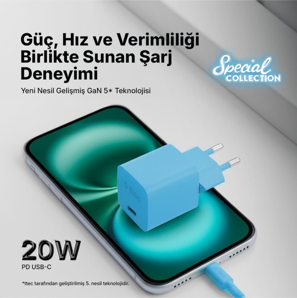 Ttec Smartcharger Gan 20W PD Seyahat Hızlı Şarj Aleti + USB-C - Lightning 120 CM Kablo Neon Mavi