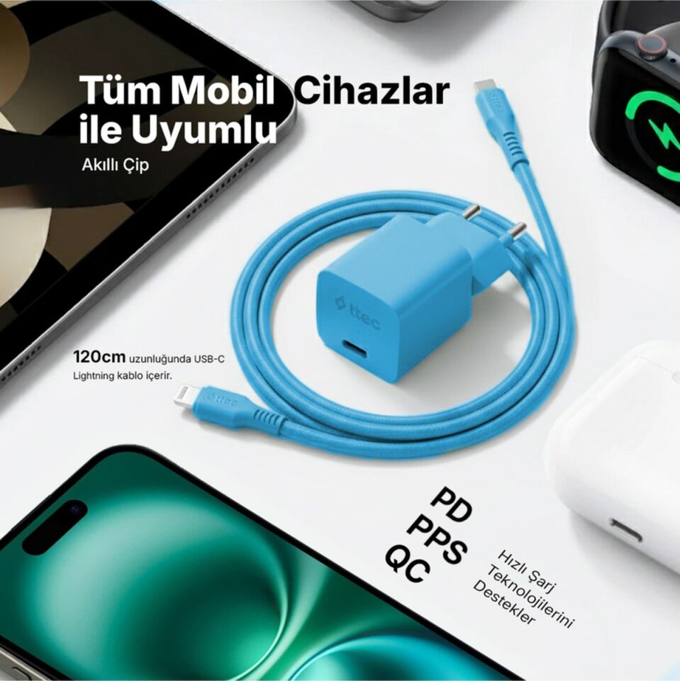 Ttec Smartcharger Gan 20W PD Seyahat Hızlı Şarj Aleti + USB-C - Lightning 120 CM Kablo Neon Mavi