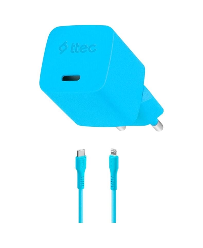 Ttec Smartcharger Gan 20W PD Seyahat Hızlı Şarj Aleti + USB-C - Lightning 120 CM Kablo Neon Mavi