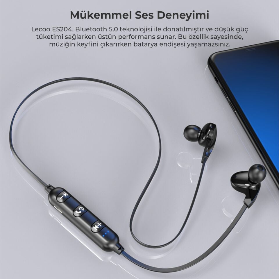 Lecoo ES204 Boyun Bantlı Kablosuz Bluetooth 5.0 Mikrofonlu Kulak İçi Kulaklık Siyah