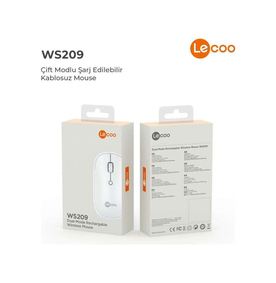 Lecoo WS209 Kablosuz 6 Tuşlu 1600DPI Çift Modlu Şarj Edilebilir Optik Mouse Beyaz