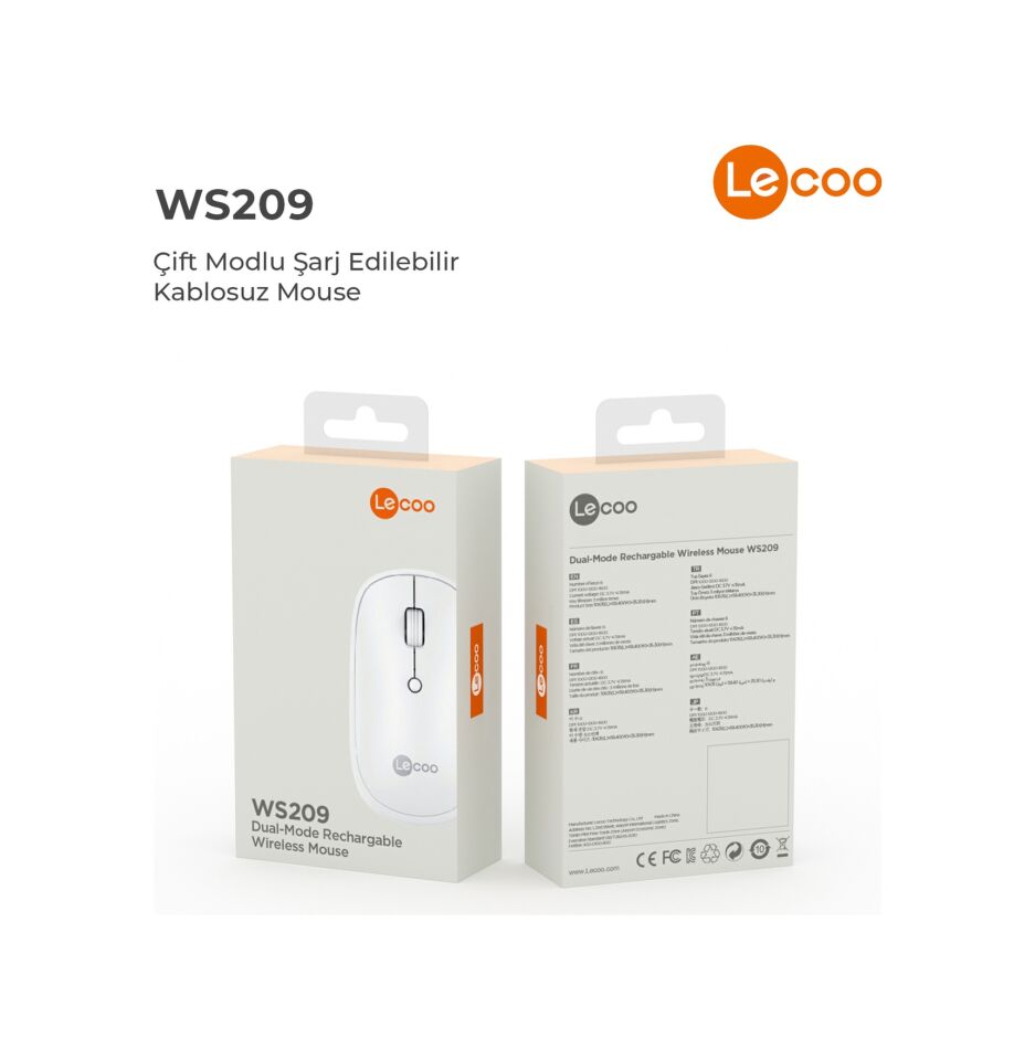 Lecoo WS209 Kablosuz 6 Tuşlu 1600DPI Çift Modlu Şarj Edilebilir Optik Mouse Beyaz