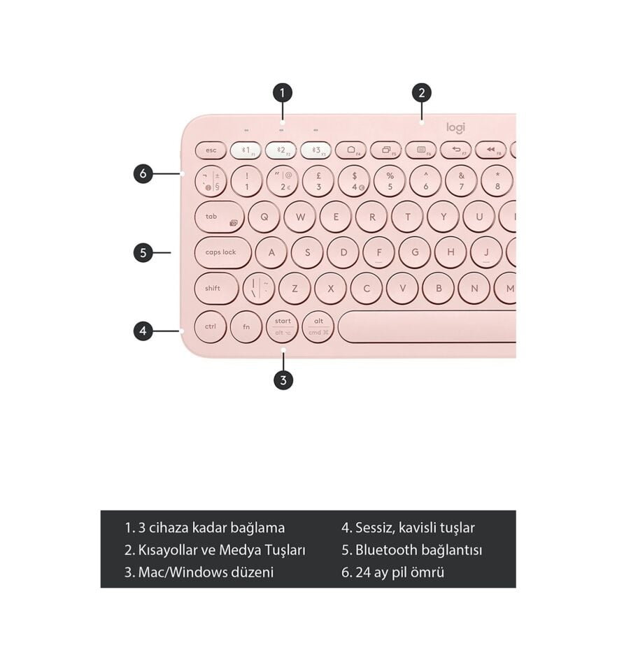 Logitech K380 Bluetooth Multimedya Türkçe Q Klavye Pembe