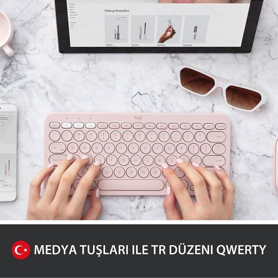 Logitech K380 Bluetooth Multimedya Türkçe Q Klavye Pembe