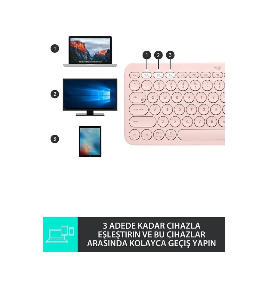 Logitech K380 Bluetooth Multimedya Türkçe Q Klavye Pembe